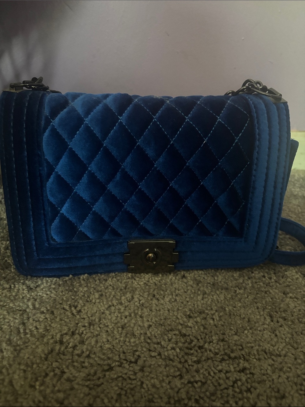 Blue Quilted Velvet Crossbody Bag - Women
